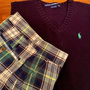 RALPH LAUREN POLO Boys Plaid Polo Golf Shorts and Navy Polo Vest - Size 10 / Med